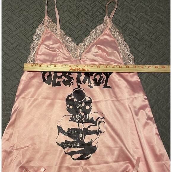 Vintage Arcane Destroy Havoc Logo Pink Satin Lace Slip Dress Nightgown - Picture 11 of 15